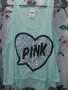 PINK Sequin Heart Mint Tank Top